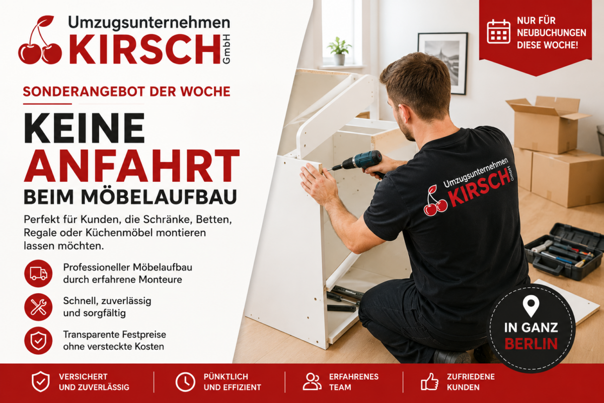Sonderangebot der Umzugsunternehmen Kirsch GmbH: Keine Anfahrt beim Möbelaufbau in Berlin für Schränke, Betten, Regale und Küchenmöbel.