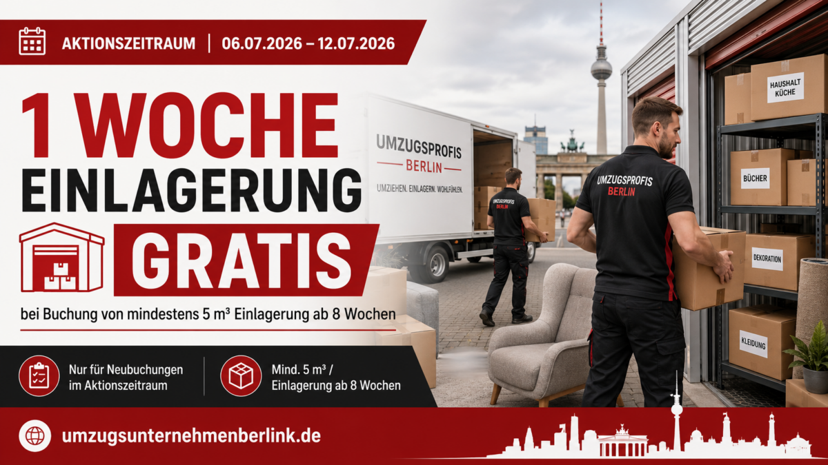 Sonderangebot von Umzugsunternehmen Kirsch: Eine Woche Einlagerung gratis bei Buchung von mindestens 5 m³ Lagerfläche ab 8 Wochen.