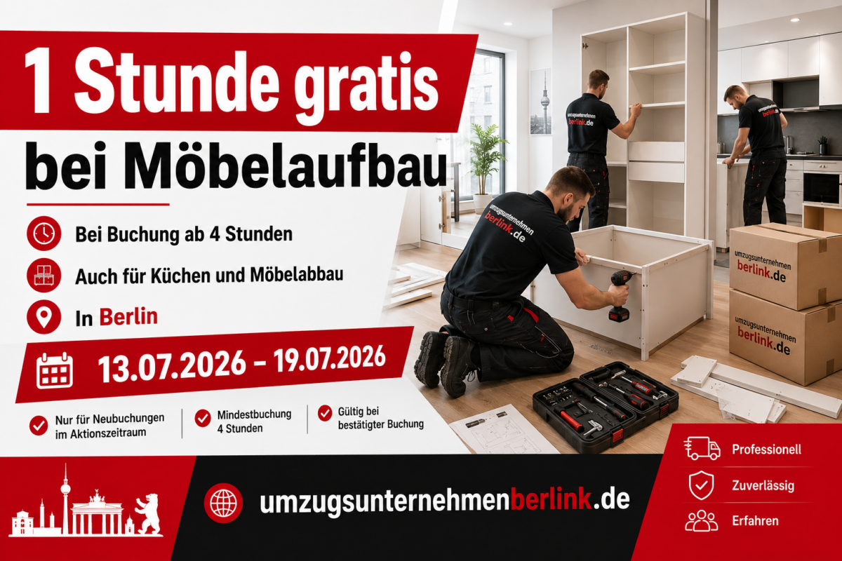 Sonderangebot von Umzugsunternehmen Kirsch: 1 Stunde gratis bei Möbelaufbau in Berlin ab 4 Stunden Buchung.