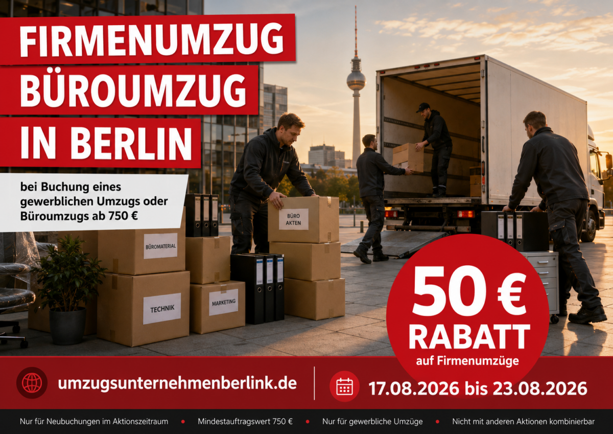 Sonderangebot von Umzugsunternehmen Kirsch: 50 € Rabatt auf Firmenumzüge und Büroumzüge in Berlin ab 750 €.