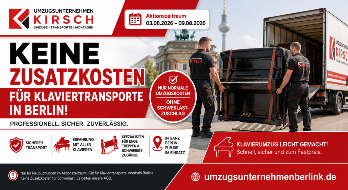 Sonderangebot von Umzugsunternehmen Kirsch: Keine Zusatzkosten für Klaviertransporte in Berlin vom 03.08.2026 bis 09.08.2026.