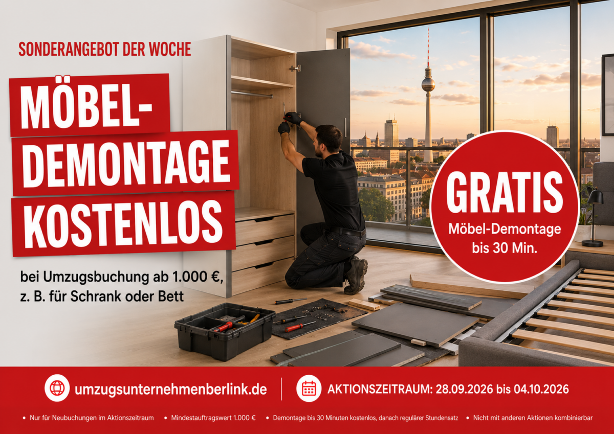 Umzugsunternehmen Kirsch Sonderangebot: Kostenlose Möbel-Demontage bis 30 Minuten vom 28.09. bis 04.10.2026