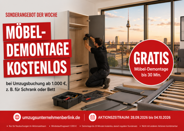 Umzugsunternehmen Kirsch Sonderangebot: Kostenlose Möbel-Demontage bis 30 Minuten vom 28.09. bis 04.10.2026